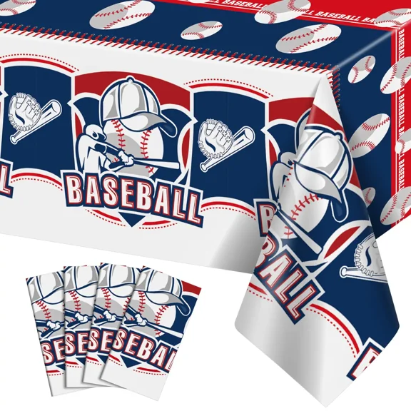4 Pack Plastic Baseball Tablecloth, 54 x 108 in Disposable PE Baseball Party Tablecloth Waterproof Rectangle Baseball Theme Party Table Cover for Baseball Party Decorations