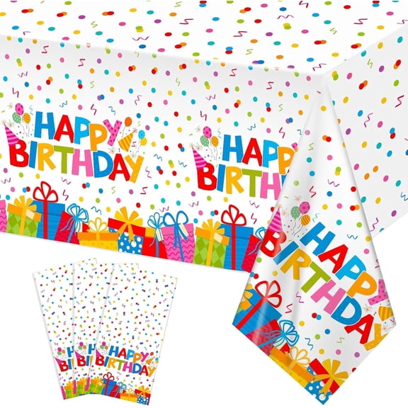 4 Pack Plastic Birthday Tablecloth, 54 x 108 Inch Disposable PE Happy Birthday Tablecloth Waterproof Rectangle Birthdays Party Table Cover for Birthdays Party Decorations