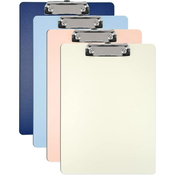 4 Pack Plastic Clipboards Multiple Colors Clip Boards with Low Profile Metal Clip, Hangable Low Profile Clipboard, Standard A4 Letter Size for Students, Teacher,Doctor, Nurse,Office Clerk