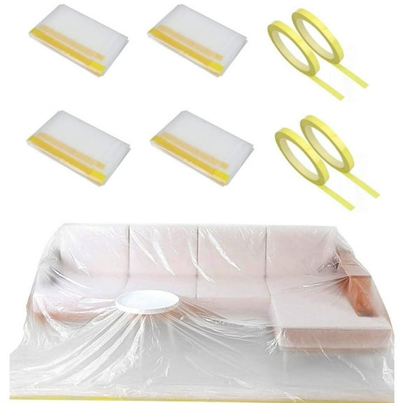 4 Pack Plastic Couch Cover & 4 Pack Battery Tape, Furniture Covers, Waterproof Couch Cover, Extra Large Plastic Tarp Couch Covers for Sectional Sofa L Shape, Storage Moving Supplies