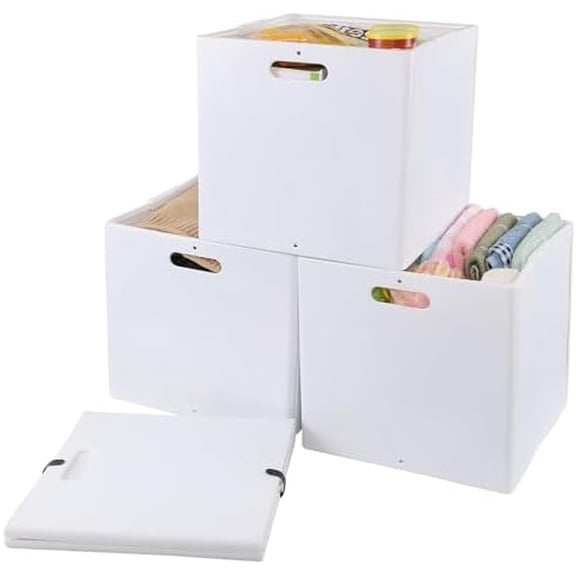 4 Pack Plastic Cube Bins, Collapsible Storage Bins, White$$Home Decor, Kitchen, & Other