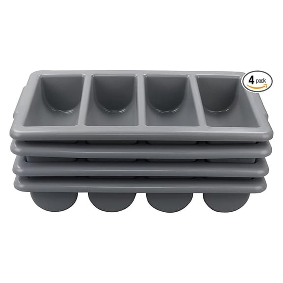 4-Pack Plastic Cutlery Bin, 4-Compartment Cutlery Bin, Gray