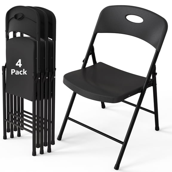 4 Pack Plastic Folding Chair, Sturdy Metal Folding Chairs for Outside Indoor, Portable 350 lbs Capacity Heavy Duty Stackable Commercial Seating for Picnic, Party, Patio (Black)