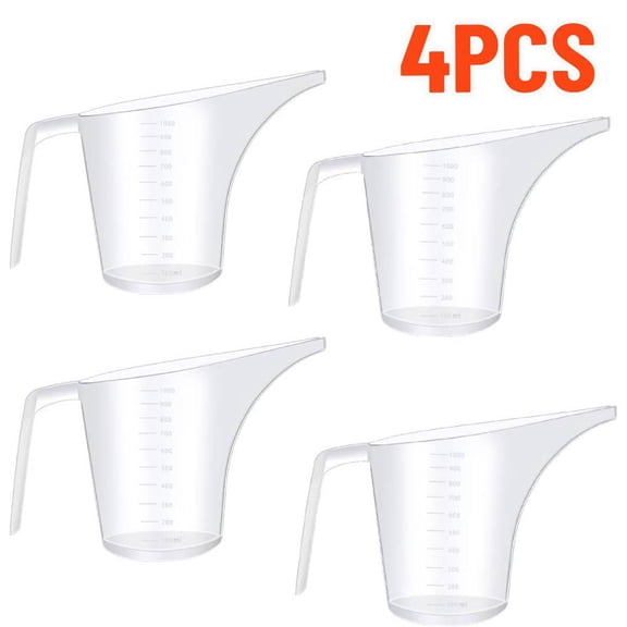4 Pack Plastic Funnel Pitcher, 1000 ml (32 oz) Measuring Cups with Long Spout & Accurate Scale, Food-Safe ABS Plastic, Easy Pour Drip-Free Design & Ergonomic Handle for Baking,Oils,Watering Plants