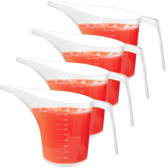 4 Pack Plastic Funnel Pitcher, 4 Cups/32 Ounces/1000 ml Large Capacity Long Spout Measuring Cup for Bakeware Molds, Pancake, Batter, Muffin, Cakes, Soap Making, Watering Plants