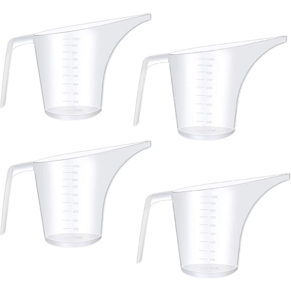 4 Pack Plastic Funnel Pitcher,Large Capacity Long Spout Measuring Cup for Bakeware Molds,Pancake,Batter,Muffin,Cakes,Soap Making(4 Cups/32 Ounces/1000 ml)