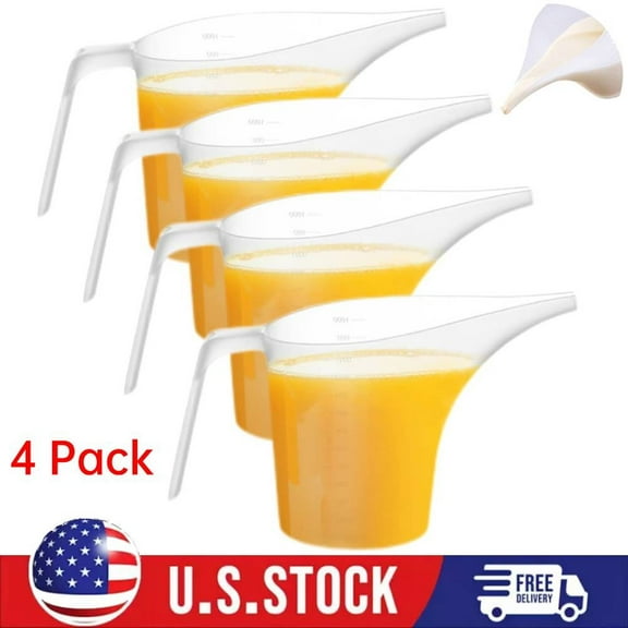 4 Pack Plastic Funnel Pitcher,Measuring Cup with Long Spout,Easy Pour Cup 1000ml