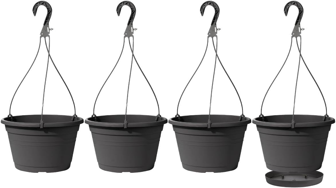 FENLEI 4-Pack Plastic Hanging Planters with Drain Trays and Hooks, Indoor Outdoor Flower Pots for Garden, Balcony & Patio Ornament