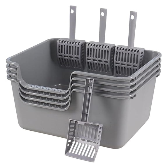 4-Pack Plastic High Sides Cat Litter Boxes with for Multi-Cat Households, Anti-Splashing, Easy Entry for Kittens & Seniors, Gray