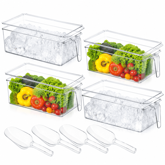 4-Pack Plastic Ice Storage Bins with Lids & Scoops, 12.6 x 3.95 x 4 Inch Freezer Ice Containers with Handles, Stackable Ice Organizer for Home, Office & Party