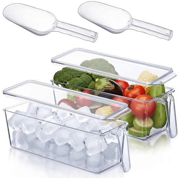 4-Pack Plastic Ice Storage Bins with Lids & Scoops, 12.6 x 3.95 x 4 Inch Freezer Ice Containers with Handles, Stackable Ice Organizer for Home, Office & Party