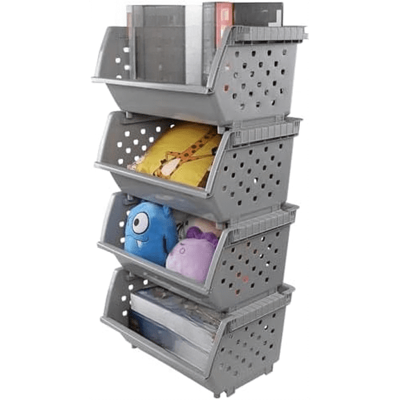 4-Pack Plastic Large Stacking Organizer Basket, Stacking Open Front Storage Bins, Gray$$Home Decor, Kitchen, & Other