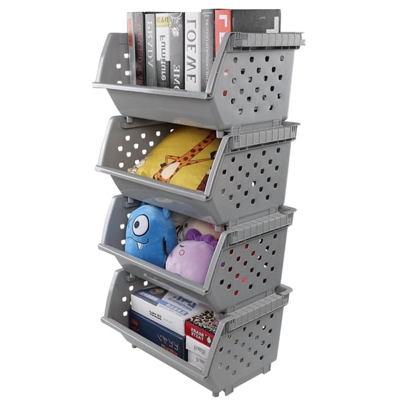 4-Pack Plastic Large Stacking Organizer Basket, Stacking Open Front Storage Bins, Gray