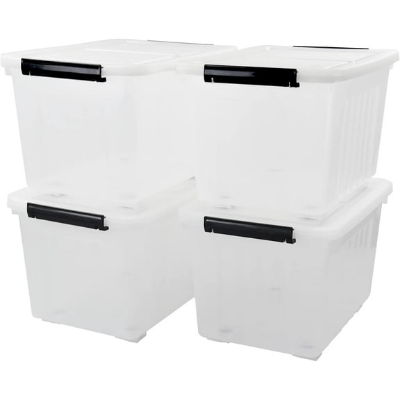 4-Pack Plastic Large Storage Box with Lid, Latching Storage Box Bin, Clear, 30 L