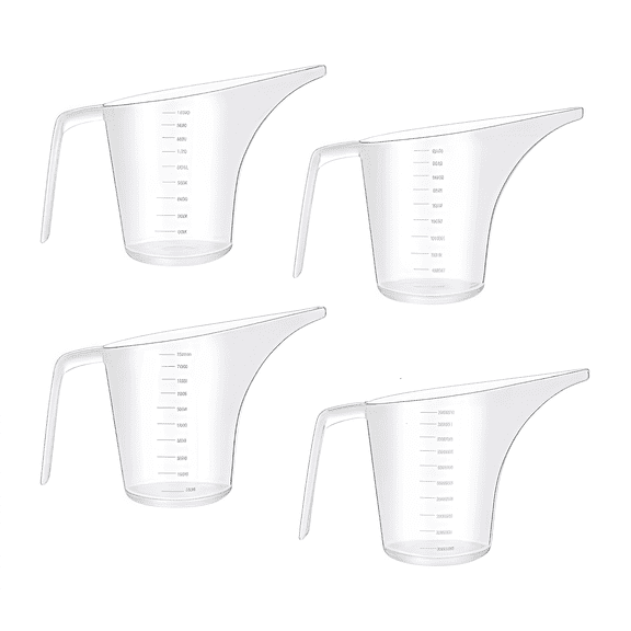 4-Pack Plastic Measuring Pitcher with Long Spout | Oil Measuring Container & 1000ml Large Capacity Cup | Perfect for Baking, Oils & Plant Watering