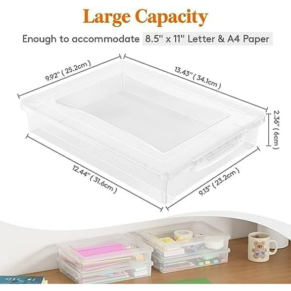 4 Pack Plastic Multi-Purpose Storage Box with Latching Lids, Clear A4, 8.5" x 11" Letter Size Paper Storage, Storage Containers for Board Game, Craft, Document, Magazine, Art Supplies