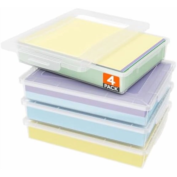 4 Pack Plastic Multi-Purpose Storage Box with Latching Lids, Clear A4, 8.5" x 11" Letter Size Paper Storage, Storage Containers for Board Game, Craft, Document, Magazine, Art Supplies