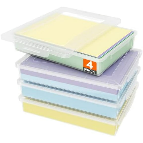 4 Pack Plastic Multi-Purpose Storage Box with Latching Lids, Clear A4, 8.5" x 11" Letter Size Paper Storage, Storage Containers for Board Game, Craft, Document, Magazine, Art Supplies