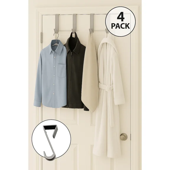 4-Pack Plastic Over The Door Hooks Hangers Bath Bedroom Gray