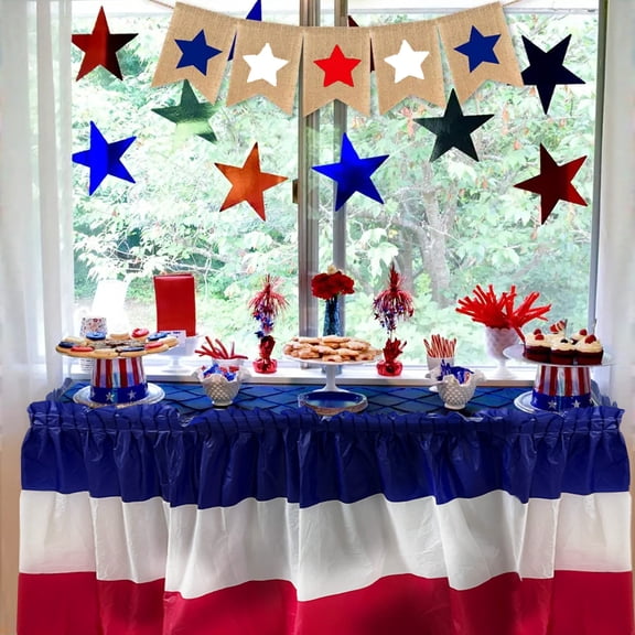 4 Pack Plastic Patriotic Table Skirts - 29in x 14ft 4th of July Table Skirt for Veterans Day Memorial Day Independence Day Decoration, Red White Blue (Red)