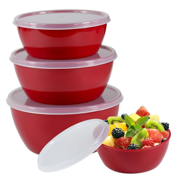 4 Pack Plastic Prep Bowls with Lids, Microwave and Dishwasher Safe (4 Sizes, Red)