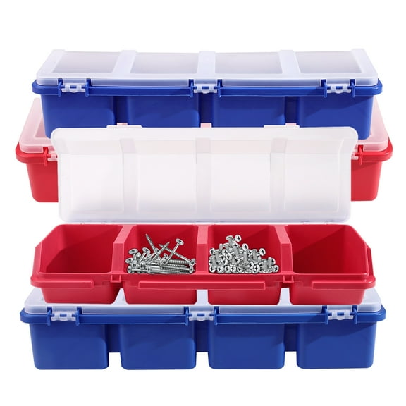 4 Pack Plastic Screw Organizer Box, 4 Compartments Bolt Bin with Lid, Stackable Hardware Storage Case for Garage Organization Parts Nail Workbench (Blue, Red)