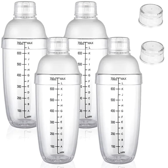 4 Pack Plastic Shaker Cocktail with Extra 2 Cap, 700cc / 24 oz Clear Tea Shaker Matcha Shakers Cup for Milk Wine Coffee Mixing, Bar Tool Hand Drink Mixer with Scales