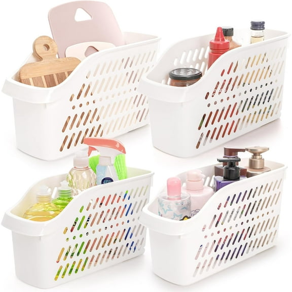 4 Pack Plastic Under Sink Organizer with Wheels, Roll Out Bottle Organization Bins Narrow Kitchen Cabinet Organizers Multifunctional Plastic Organizer Basket for Under Sink, Kitchen, Bathroom
