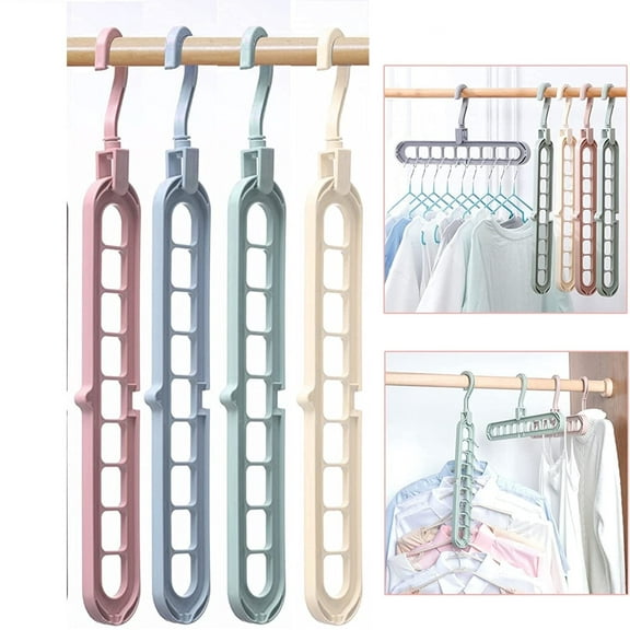 4 Pack Plastic Space Saving Hangers,Household Heavy Duty Clothes-Hanger,Essential Clothes Organizer with 9 Slots,Multipurpose Closet Hangers for Jeans,Pants,Shirts,Sweaters (Random Colors)