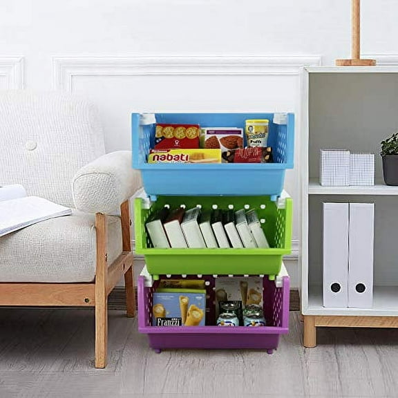 4-Pack Plastic Stackable Storage Baskets, Colored Stacking Bin