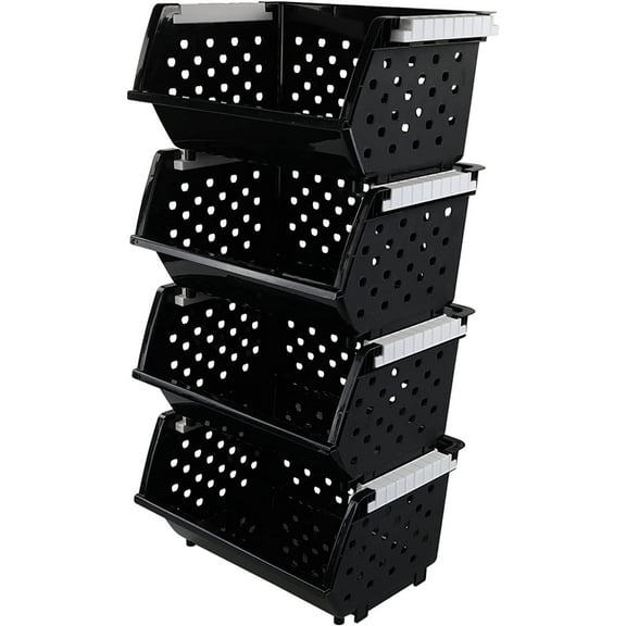 4 Pack Plastic Stackable Storage Baskets, Large Stacking Bins for Organizer, Black