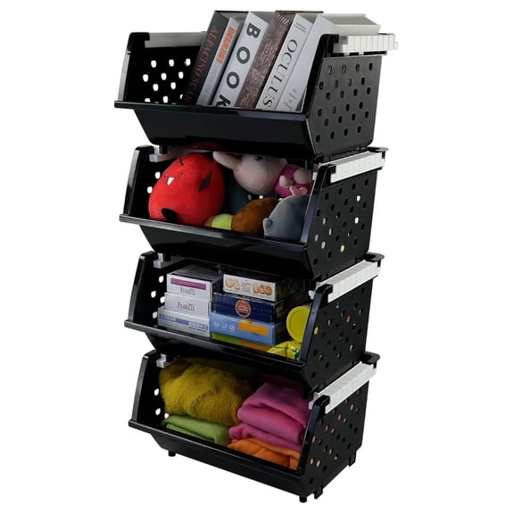4 Pack Plastic Stackable Storage Baskets, Large Stacking Organizer Bins, Black