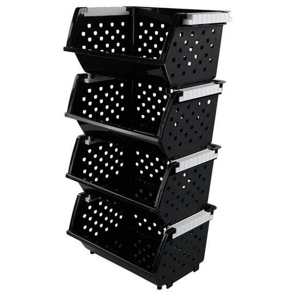 4 Pack Plastic Stackable Storage Baskets, Large Stacking Organizer Bins, Black