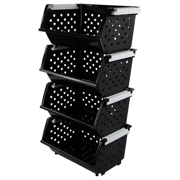 4 Pack Plastic Stackable Storage Baskets, Large Stacking Organizer Bins, Black