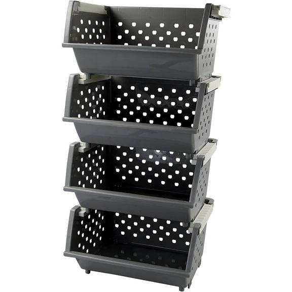 4-Pack Plastic Stacking Storage Basket, Stackable Organizer Bin, Gray