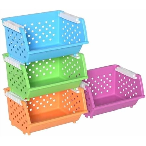 4 Pack Plastic Storage Basket Stackable, Open Front Storage Bins$$Home Decor, Kitchen, & Other
