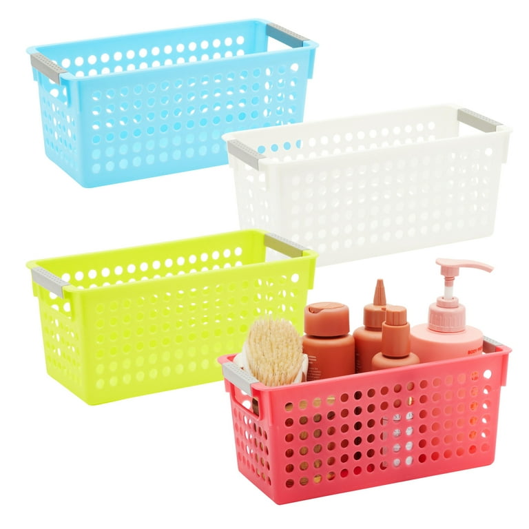 4 Pack Plastic Storage Baskets with Handles, Small Bathroom Organizing Bins  for Shelves and Laundry, 4 Colors, 11.5x5x5 inches