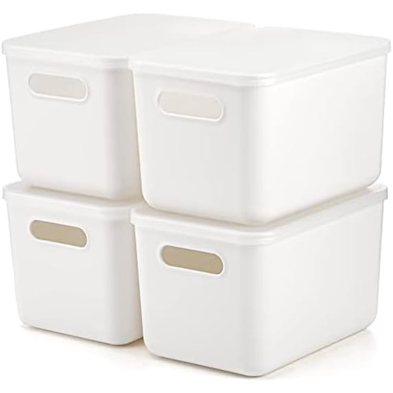 4 Pack Plastic Storage Bins with Lid, White Stackable Storage Basket Organizer Box, Sturdy Containers Organizing Lidded Bins for Shelves, Cabinet, Desk, Pantry, Bedroom, Book, Toys