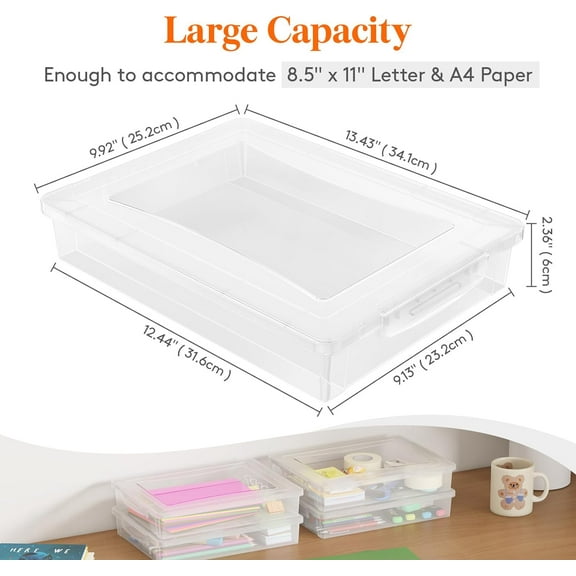 4 Pack Plastic Storage Boxes with Latching Lids, A4 Size for Paper, Documents, Crafts, and