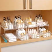 4 Pack Clear Pull Out Under Sink Organizer and Storage Bins, 2-Tier Sliding Cabinet Drawer Container for Kitchen, Bathroom and Pantry Organization
