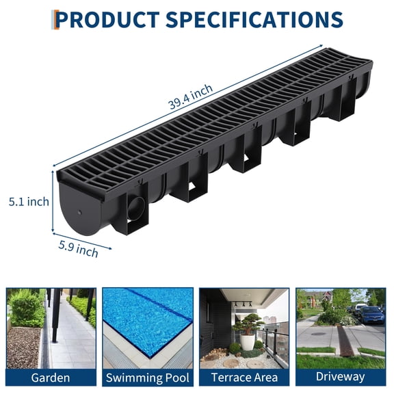 4-Pack Plastic Trench Drain System, 39.4" l x 5.9" w x 5.1" h HDPE Channel Drain with Grate, Heavy-Duty Deep Profile for Driveway, Poolside, Patio, Garden, and Sidewalk