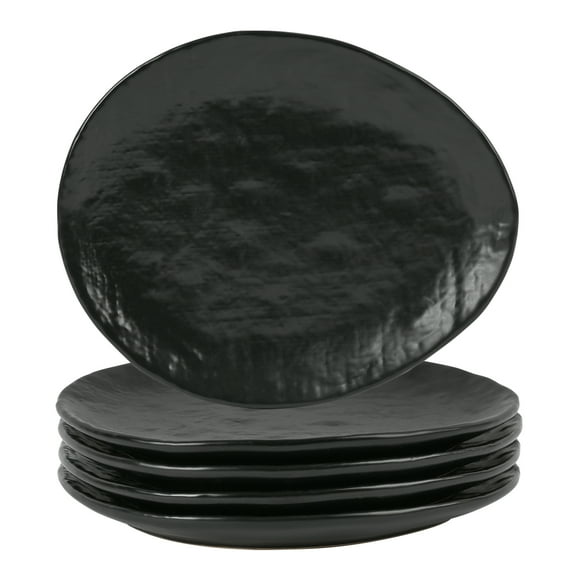 Linen Artisan Dinner Plate Set, 4 Pieces Dinnerware Dishes Set, Porcelain Salad Plates, Irregular 11 Inches Ceramic Plates Suitable for Steak, Pasta, Pizza, Home, Party, Black, Small