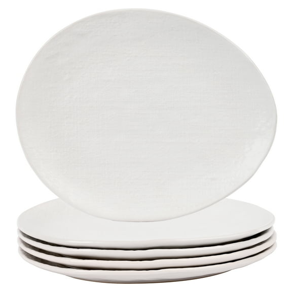 Linen Artisan Dinner Plate Set, 4 Pieces Dinnerware Dishes Set, Porcelain Salad Plates, Irregular 11 Inches Ceramic Plates Suitable for Steak, Pasta, Pizza, Home, Party, White, Large