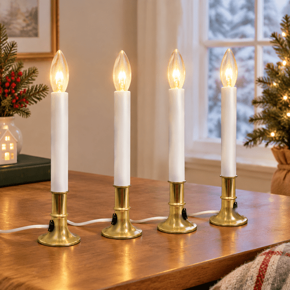 4 Pack Plug-in Electric Window Candles with Dusk-to-Dawn Sensor, 7W C26 Clear Bulbs