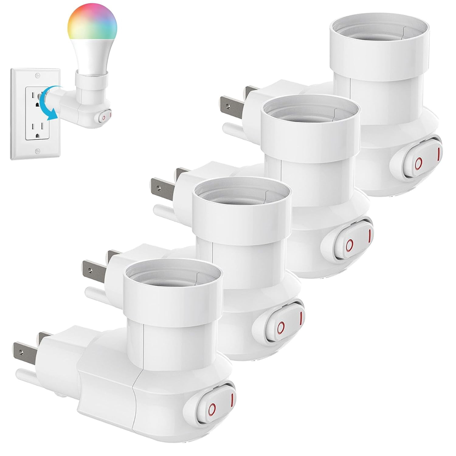 Plug In Socket Adapter 4 Pack Plug in Light Socket, 3-Prong Light Bulb Socket Adapter, 360 ...