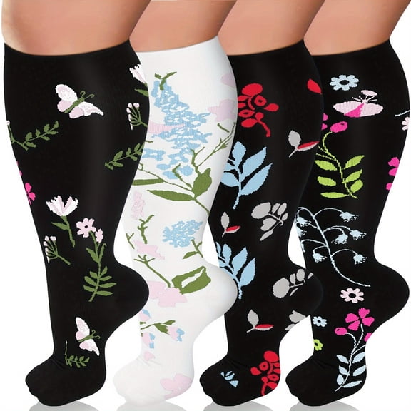 4-Pack Plus Size Compression Socks for Men and Women, 15-20mmhg, Wide Calf Knee Support, Blood Circulation Boost, Floral Pattern, Nylon & Spandex, Hand Wash Only, Knit Fabric