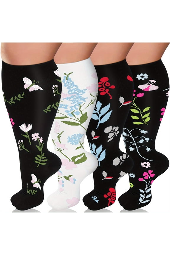 4-Pack Plus Size Compression Socks for Men and Women, 15-20mmhg, Wide Calf Knee Support, Blood Circulation Boost, Floral Pattern, Nylon & Spandex, Hand Wash Only, Knit Fabric