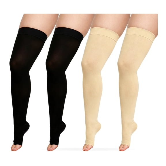 4 Pack Plus Size Open Toe Thigh High Compression Socks, Wide Calf Extra Large Over Knee Compression Stockings for Swelling, Standing & Sports Leg Support