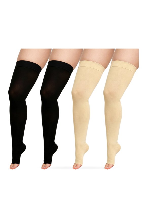 4 Pack Plus Size Open Toe Thigh High Compression Socks, Wide Calf Extra Large Over Knee Compression Stockings for Swelling, Standing & Sports Leg Support