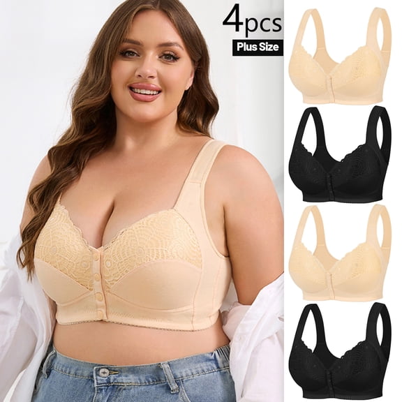 4 Pack Plus Size Women's Front Closure Bras, No Underwire Lace Full Coverage Push Up Bra Soft Cup Wireless Comfortable Everyday Bra, XL-6XL